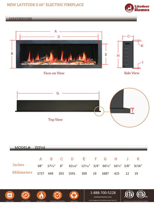 Litedeer Homes Gloria II 68" Smart Electric Fireplace with App Driftwood Log & River Rock - ZEF68XS