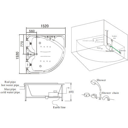 Mesa 60" x 60" x 28" Two Person Whirlpool & Air Jet Tub BT-150150