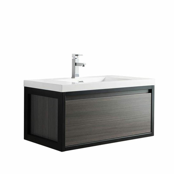 Moreno Bath Lake 36 Inch Wall Mounted Modern Vanity With Matte Black Stainless Steel Frame In Gray Oak Lake36WHMB-GO