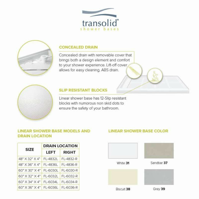 Transolid Linear 48-In X 32-In Rectangular Alcove Shower Base FL4832