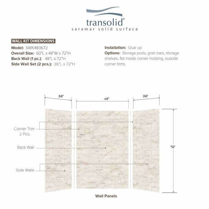 Transolid SaraMar 36-In X 48-In X 72-In Glue To Wall 3-Piece Shower Wall Kit SWK483672