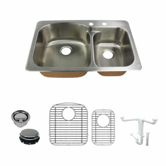 Transolid Classic 33in X 22in 18 Gauge Drop-In Double Bowl Kitchen Sink with Grids, Strainer, Disposer Strainer, Installation Kit K-CTDD33229