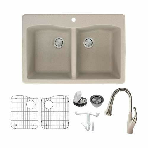 Transolid Aversa Granite 33-In Drop-In Kitchen Sink Kit with Faucet, Grids, Strainers, and Drain Installation Kit KF-ATDE3322