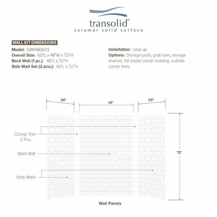 Transolid SaraMar 36-In X 48-In X 72-In Glue To Wall 3-Piece Shower Wall Kit SWK483672