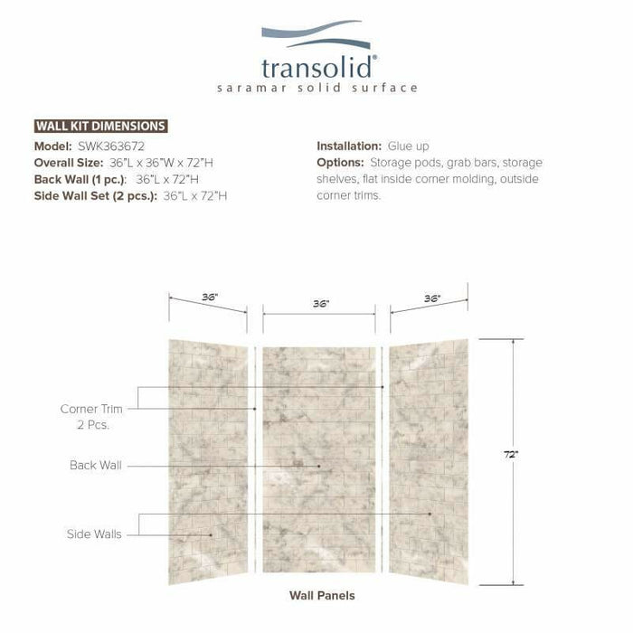 Transolid SaraMar 36-In X 36-In X 72-In Glue To Wall 3-Piece Shower Wall Kit SWK363672
