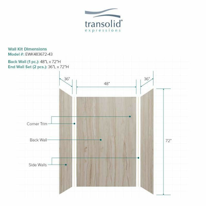 Transolid Expressions 36-In X 48-In X 72-In Glue To Wall Shower Wall Kit EWK483672