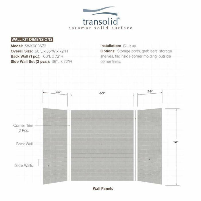 Transolid SaraMar 36-In X 60-In X 72-In Glue To Wall 3-Piece Shower Wall Kit SWK603672