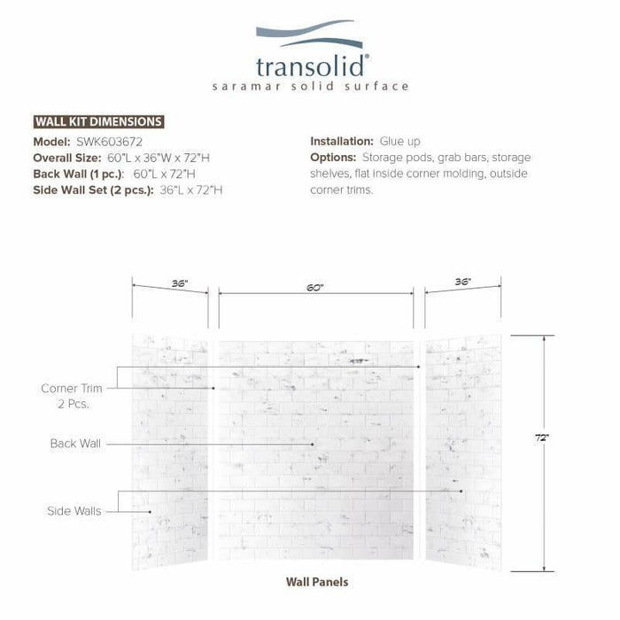 Transolid SaraMar 36-In X 60-In X 72-In Glue To Wall 3-Piece Shower Wall Kit SWK603672