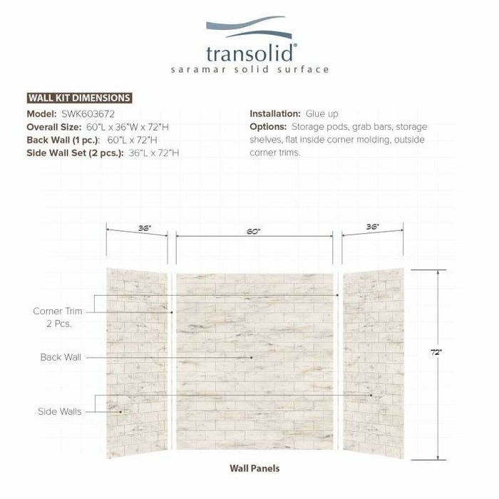 Transolid SaraMar 36-In X 60-In X 72-In Glue To Wall 3-Piece Shower Wall Kit SWK603672