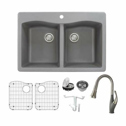 Transolid Aversa Granite 33-In Drop-In Kitchen Sink Kit with Faucet, Grids, Strainers, and Drain Installation Kit KF-ATDE3322