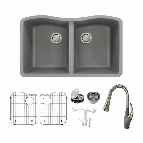 Transolid Aversa Granite 32-In Undermount Kitchen Sink Kit with Faucet, Grids, Strainers, and Drain Installation Kit KF-AUDE3219