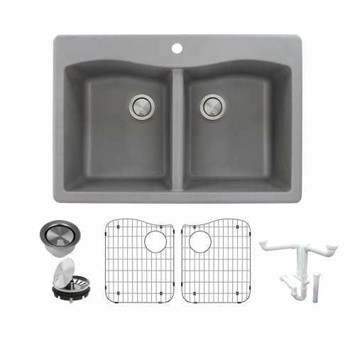 Transolid Aversa Granite 33-In Drop-In Kitchen Sink Kit with Grids, Strainers, and Drain Installation Kit K-ATDE3322