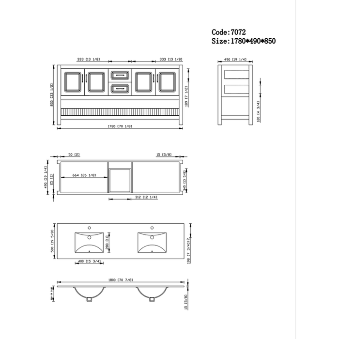 Moreno Bath Louis 70 Series 72 Inch Vanity With White Quartz Top And Double Ceramic Sinks 7072D