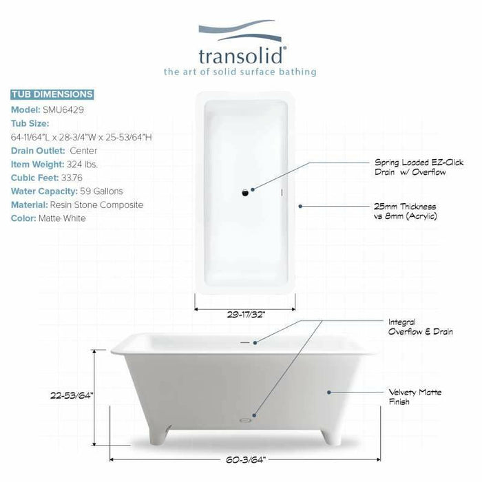 Transolid Milan Resin Stone 60-In Center Drain Freestanding Tub and Faucet Kit SMN6030-T4210