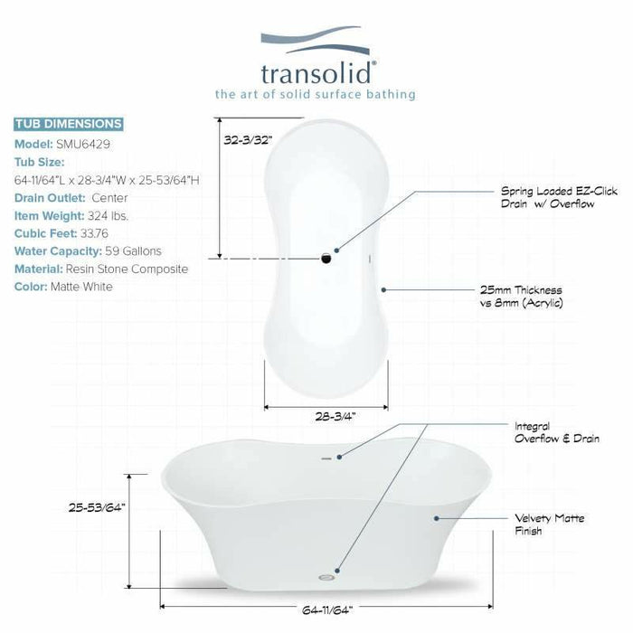 Transolid Muse Resin Stone 64-In Center Drain Freestanding Tub & Faucet Kit White SMU6429-T4200