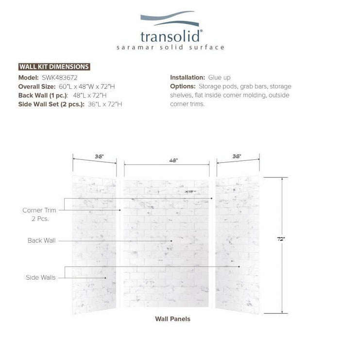 Transolid SaraMar 36-In X 48-In X 72-In Glue To Wall 3-Piece Shower Wall Kit SWK483672