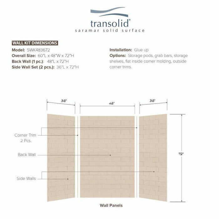 Transolid SaraMar 36-In X 48-In X 72-In Glue To Wall 3-Piece Shower Wall Kit SWK483672