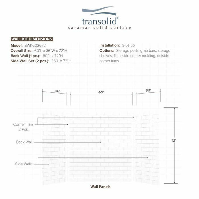 Transolid SaraMar 36-In X 60-In X 72-In Glue To Wall 3-Piece Shower Wall Kit SWK603672