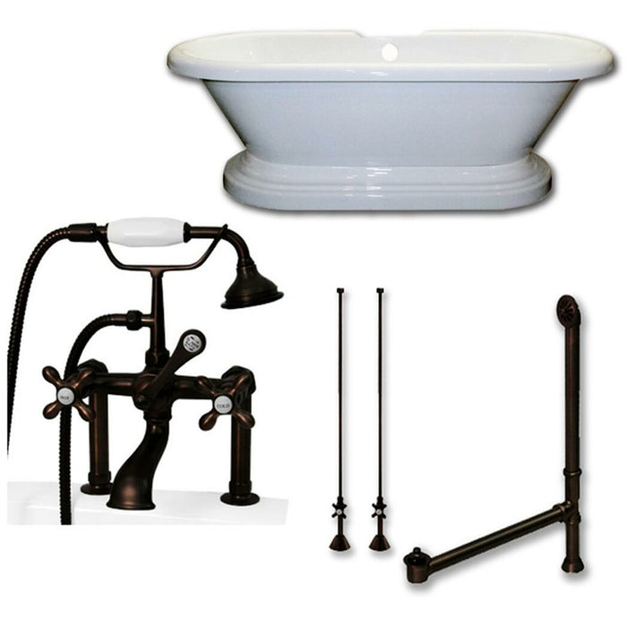 Cambridge Plumbing 60 Inch Acrylic Double Ended Pedestal Tub Deckmount Faucet Holes in Oil Rubbed Bronze ADEP60-463D-6-PKG-ORB-7DH