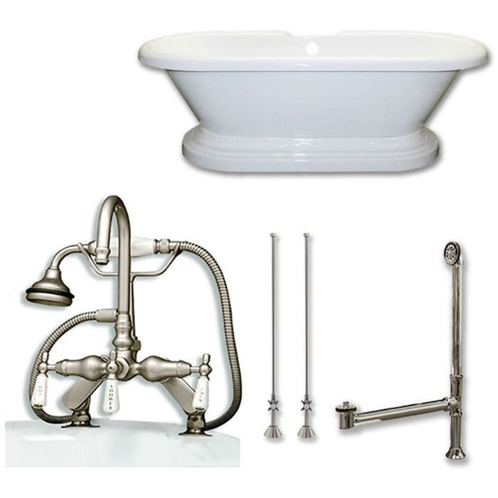 Cambridge Plumbing 60 Inch Acrylic Double Ended Pedestal Tub Deckmount Faucet Holes in Brushed Nickel ADEP60-684D-PKG-BN-7DH