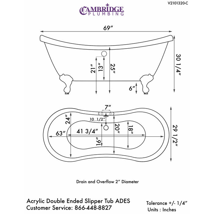 Cambridge Plumbing 69 Inch Hand Painted Scorched Platinum Acrylic Double Slipper Bathtub with Brushed Nickel Feet, Deck Holes ADES-DH-BN-SP