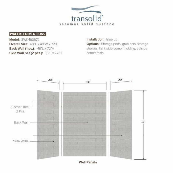 Transolid SaraMar 36-In X 48-In X 72-In Glue To Wall 3-Piece Shower Wall Kit SWK483672