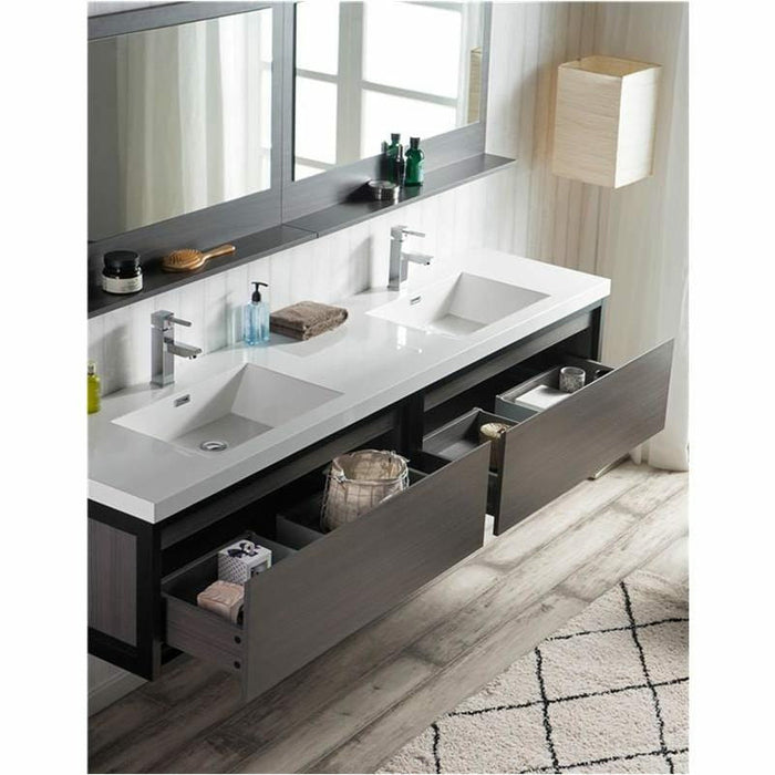 Moreno Bath Lake 84 Inch Wall Mounted Modern Vanity With Matte Black Stainless Steel Frame Lake84WHM