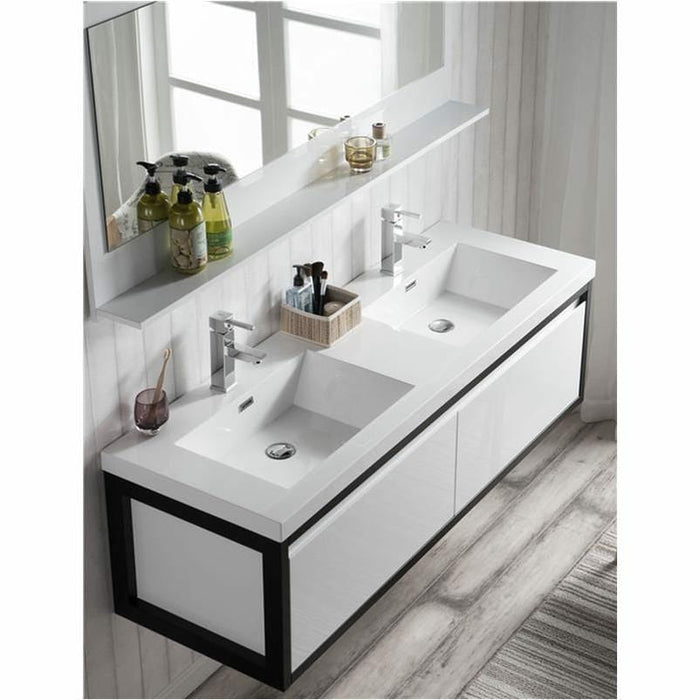 Moreno Bath Lake 60 Inch Wall Mounted Modern Vanity With Matte Black Stainless Steel Frame Lake60WHMB