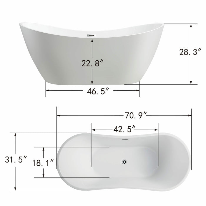 Vanity Art 71 Inch Freestanding White Acrylic Bathtub VA6517