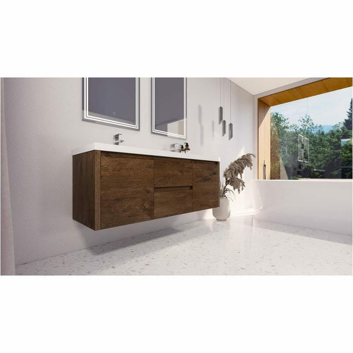 Moreno Bath Jade 60 Inch Wall Mounted Vanity With Double Reinforced Acrylic Sink Rosewood- JAD60D-RW