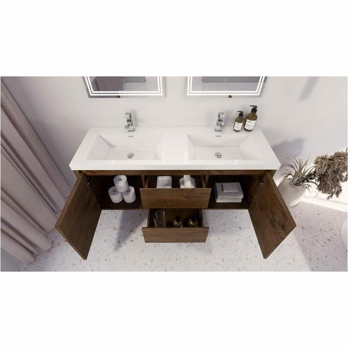 Moreno Bath Jade 60 Inch Wall Mounted Vanity With Double Reinforced Acrylic Sink Rosewood- JAD60D-RW