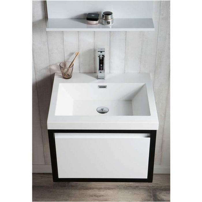 Moreno Bath Lake 24 Inch Wall Mounted Modern Vanity With Matte Black Stainless Steel Frame Lake24WHMB