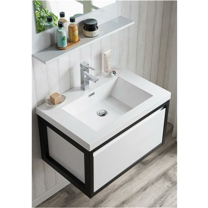 Moreno Bath Lake 30 Inch Wall Mounted Modern Vanity With Matte Black Stainless Steel Frame Lake30WHMB