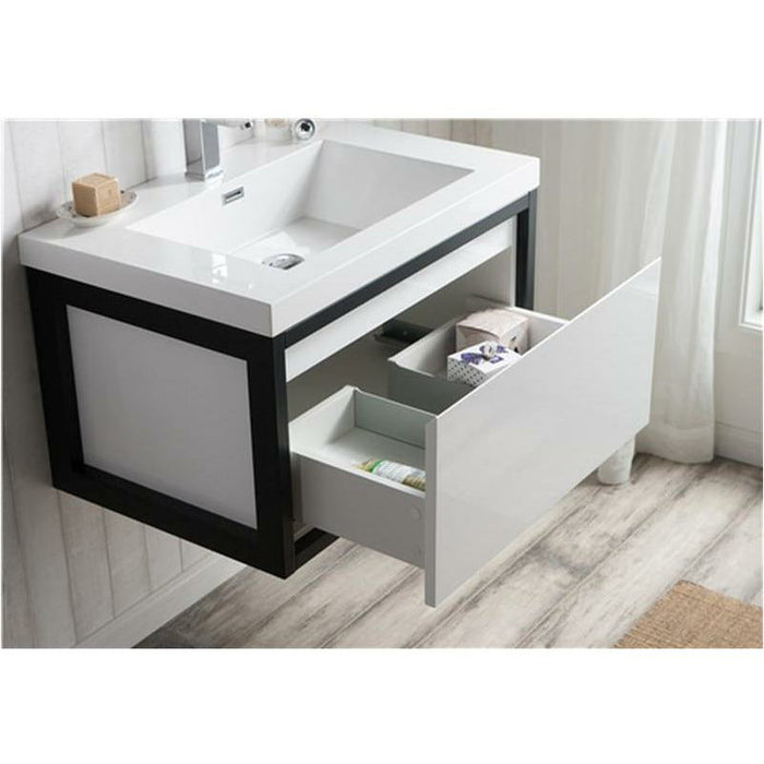 Moreno Bath Lake 30 Inch Wall Mounted Modern Vanity With Matte Black Stainless Steel Frame Lake30WHMB