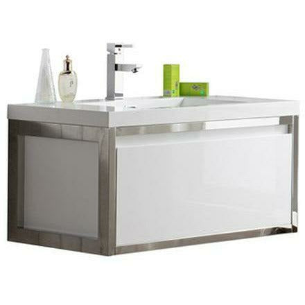 Moreno Bath Lake 36 Inch Wall Mounted Modern Vanity With Chrome Stainless Steel Frame Lake36WHGB