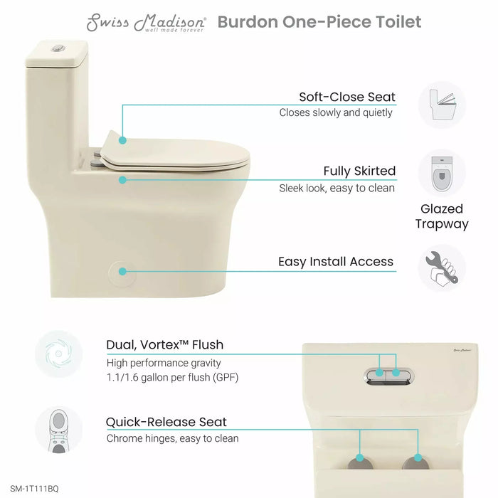 Swiss Madison Burdon One-Piece Elongated Toilet Vortex™ Dual-Flush 1.1/1.6 gpf SM-1T111