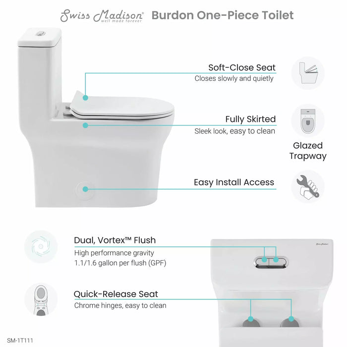 Swiss Madison Burdon One-Piece Elongated Toilet Vortex™ Dual-Flush 1.1/1.6 gpf SM-1T111