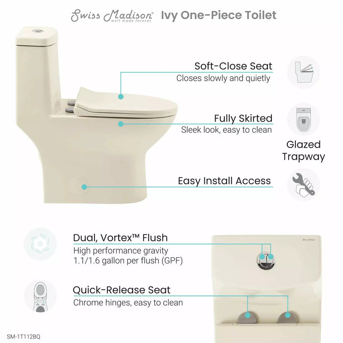 Swiss Madison Ivy One-Piece Elongated Toilet Vortex™ Dual-Flush 1.1/1.6 gpf SM-1T112