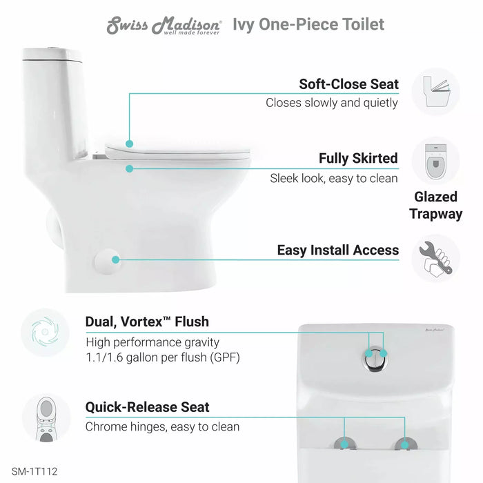 Swiss Madison Ivy One-Piece Elongated Toilet Vortex™ Dual-Flush 1.1/1.6 gpf SM-1T112