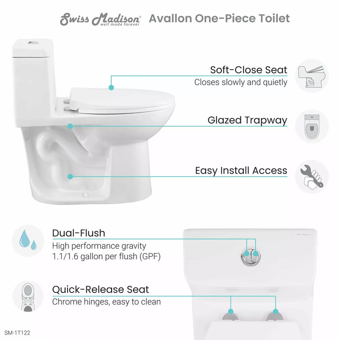 Swiss Madison Avallon One-Piece Elongated Toilet Dual-Flush 1.1/1.6 gpf SM-1T122