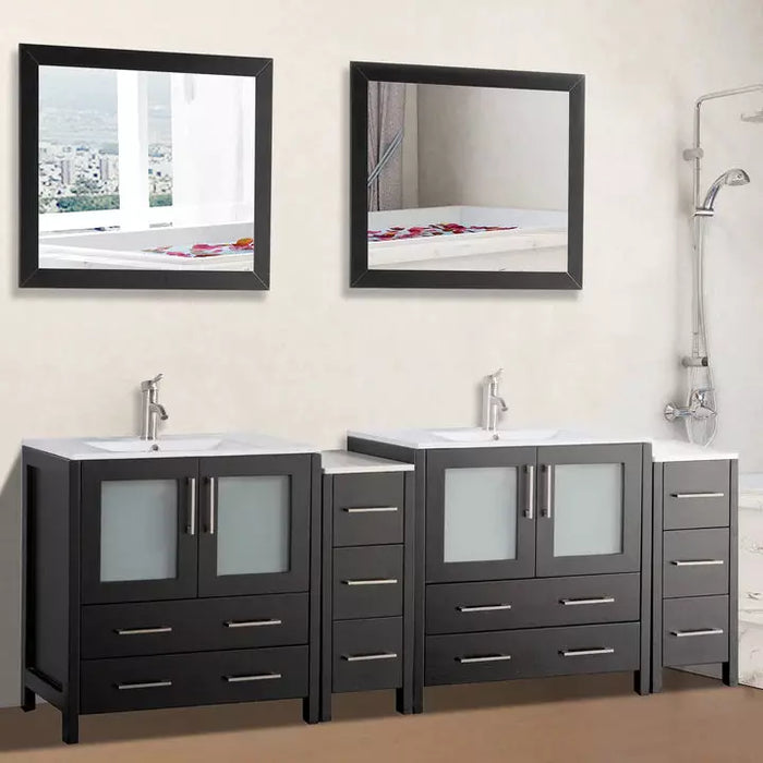 Vanity Art 84 Inch Double Sink Vanity Cabinet with Sink and Mirrors Ceramic Top - 2 Side Cabinets VA3030-84