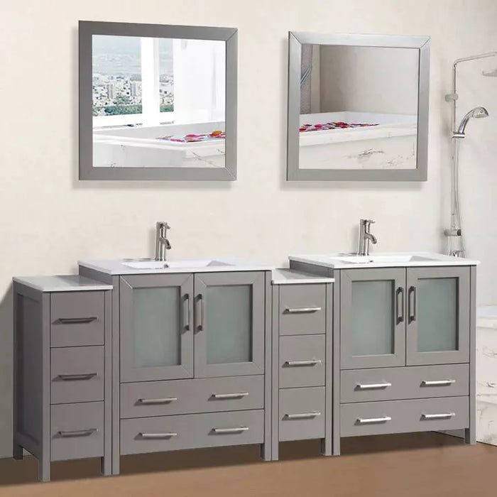 Vanity Art 84 Inch Double Sink Vanity Cabinet with Sink and Mirrors Ceramic Top - 2 Side Cabinets VA3030-84