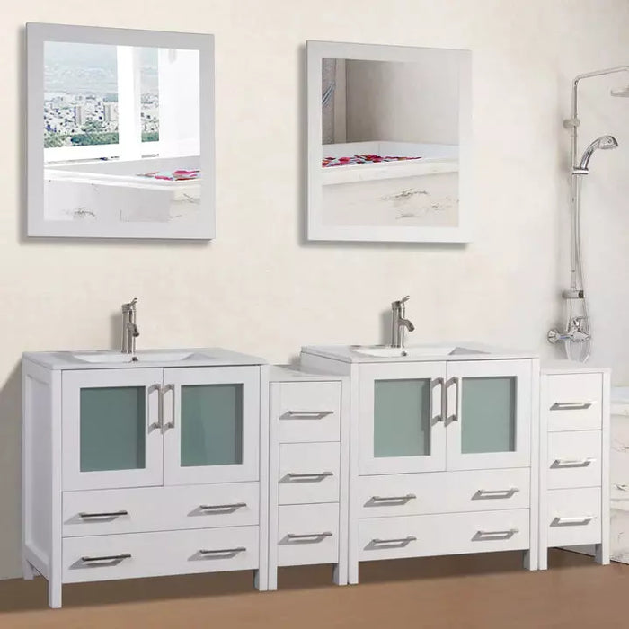 Vanity Art 84 Inch Double Sink Vanity Cabinet with Sink and Mirrors Ceramic Top - 2 Side Cabinets VA3030-84