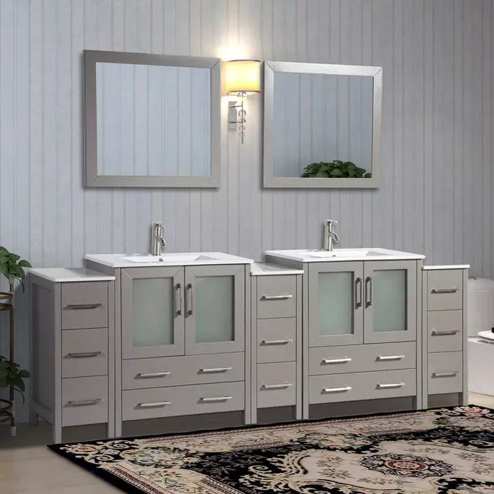 Vanity Art 96 Inch Double Sink Vanity Cabinet with Sink and Mirrors (Ceramic Top) - 3 Side Cabinets VA3030-96