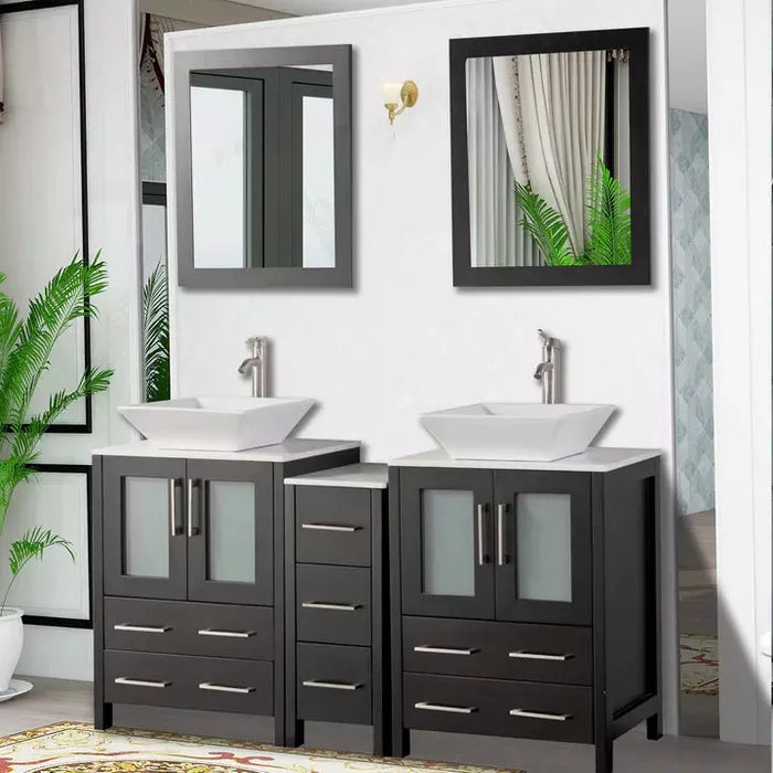 Vanity Art 60 Inch Double Sink Vanity Cabinet with Sink and Mirror (Vessel Sink) - 1 Side Cabinet VA3124-60