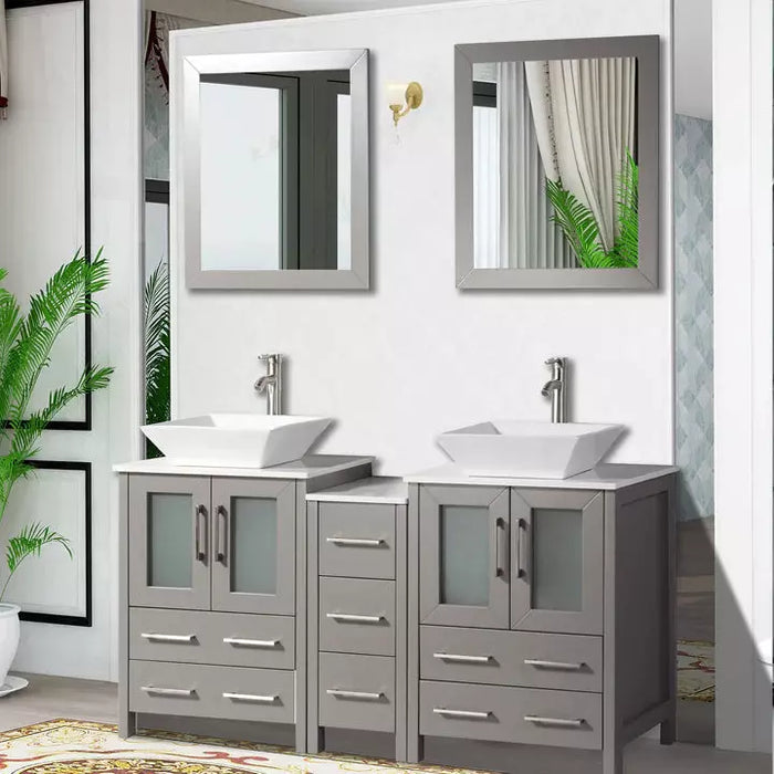 Vanity Art 60 Inch Double Sink Vanity Cabinet with Sink and Mirror (Vessel Sink) - 1 Side Cabinet VA3124-60