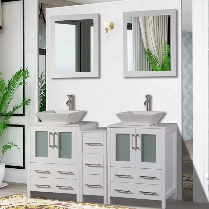 Vanity Art 60 Inch Double Sink Vanity Cabinet with Sink and Mirror (Vessel Sink) - 1 Side Cabinet VA3124-60