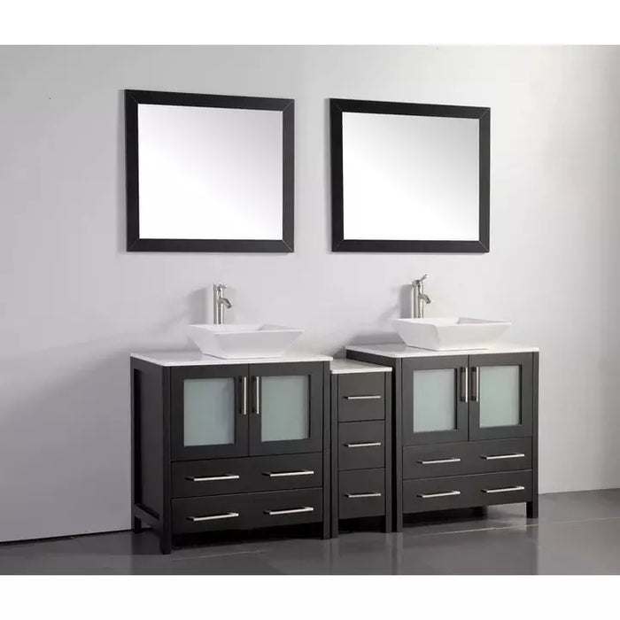 Vanity Art 72 Inch Double Sink Vanity Cabinet with Sink and Mirrors (Vessel Sink) - 1 Side Cabinet VA3130-72