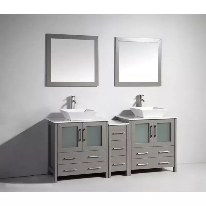 Vanity Art 72 Inch Double Sink Vanity Cabinet with Sink and Mirrors (Vessel Sink) - 1 Side Cabinet VA3130-72