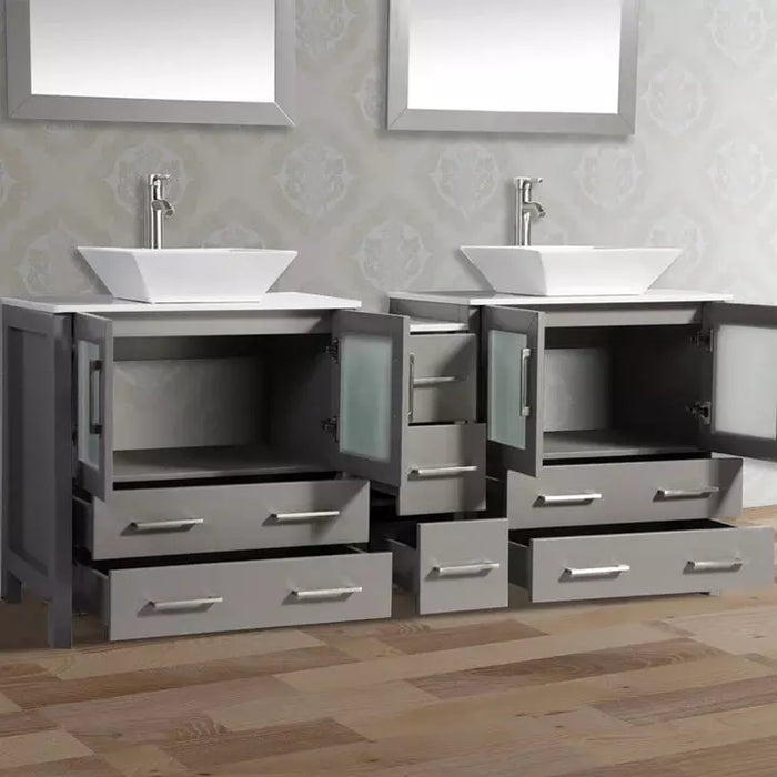 Vanity Art 72 Inch Double Sink Vanity Cabinet with Sink and Mirrors (Vessel Sink) - 1 Side Cabinet VA3130-72